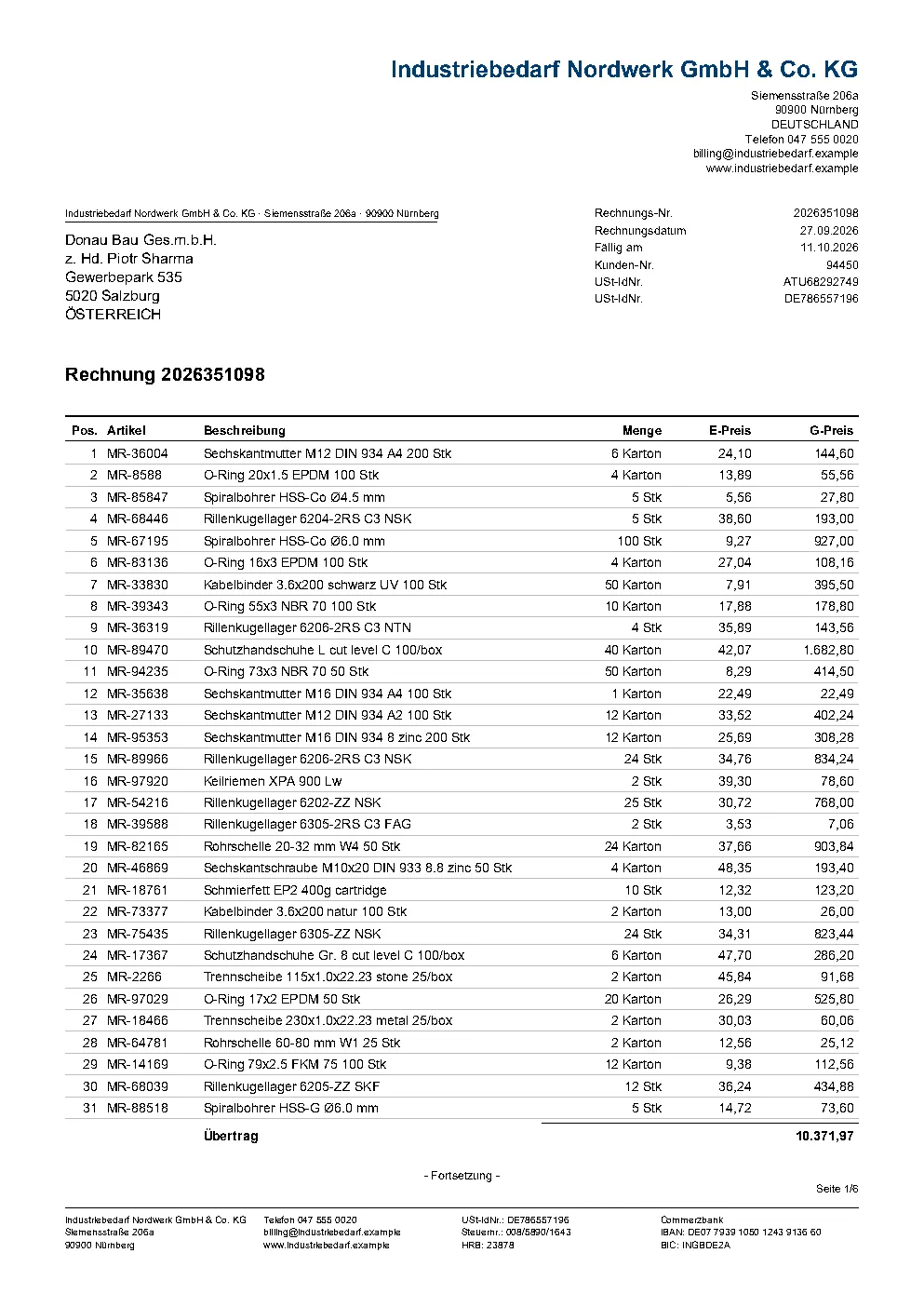 First page of German supplier, Austrian customer